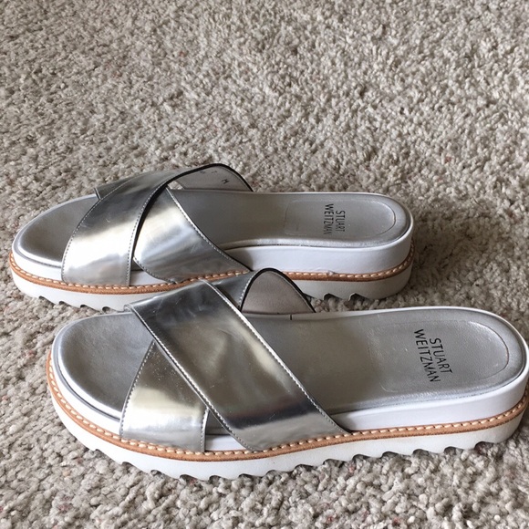 Stuart Weitzman Shoes - STUART WEITZMAN Crisscross Metallic Slides